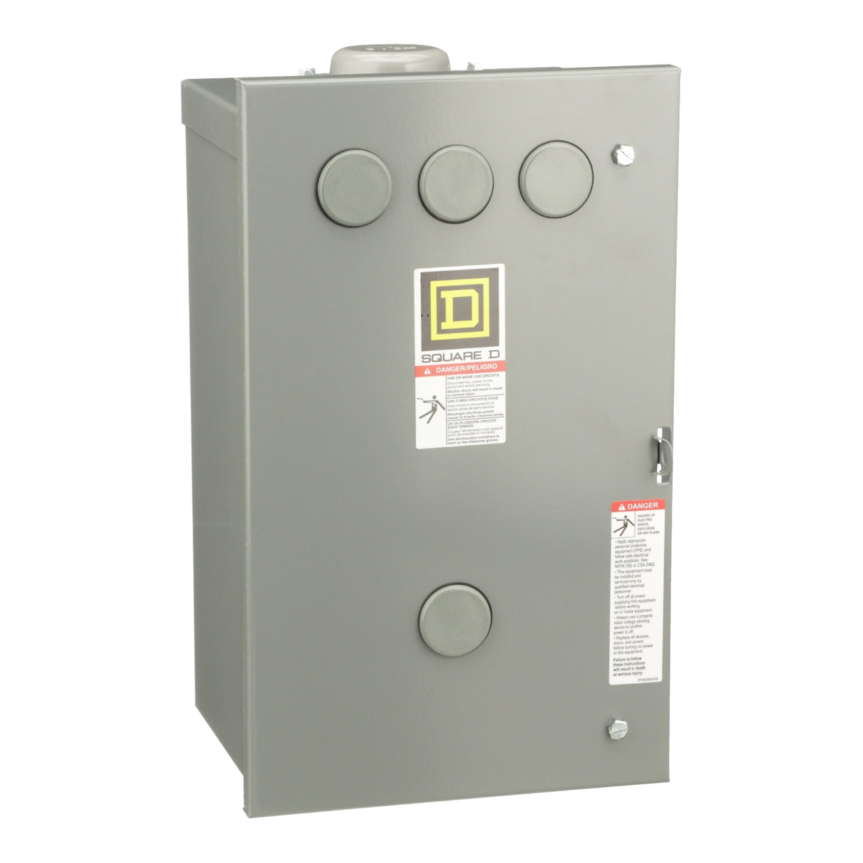 Gray electrical panel box with Square D logo on a white background