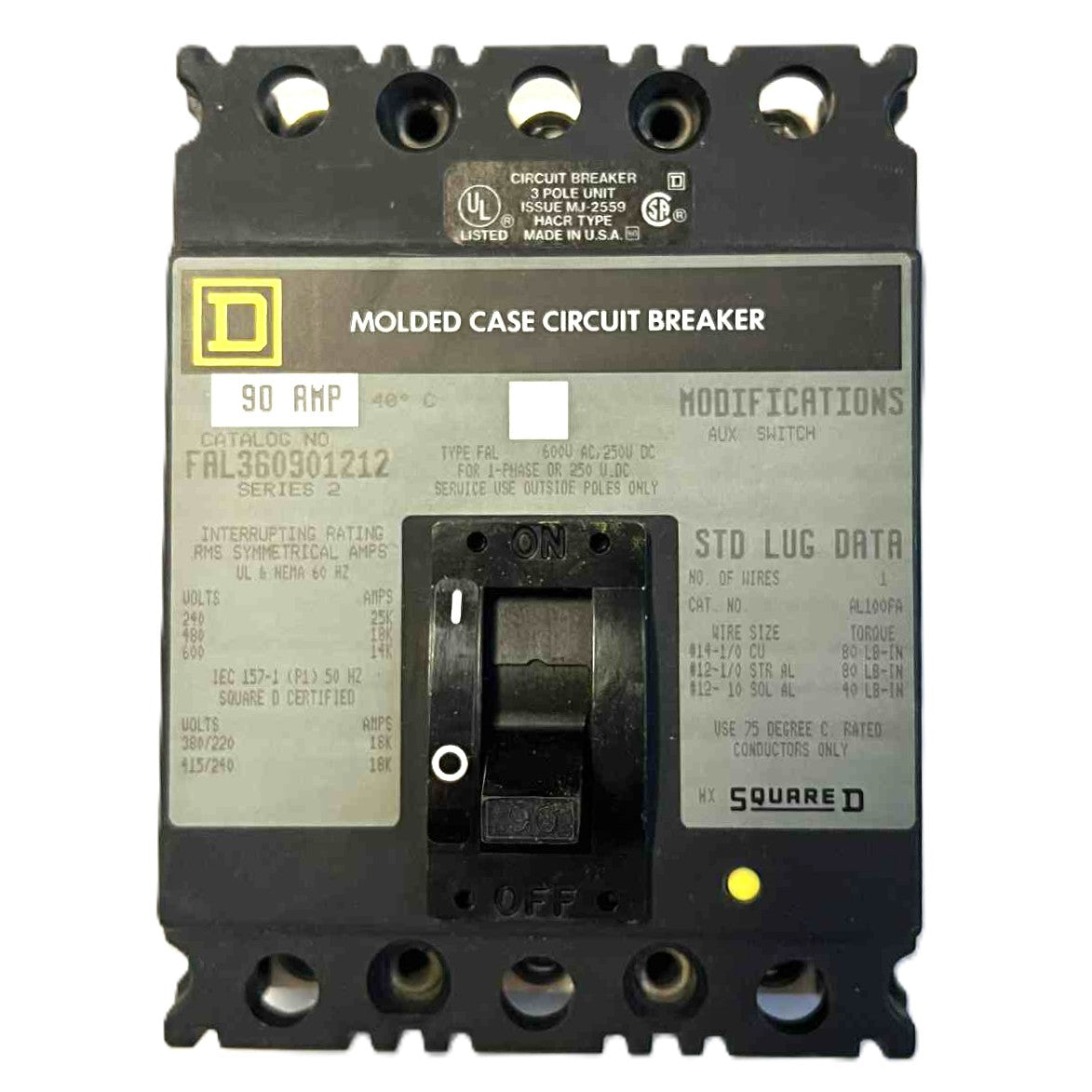 Square D FAL 3 Pole, 90 Amp, 600 Volt Breaker with Aux Switch