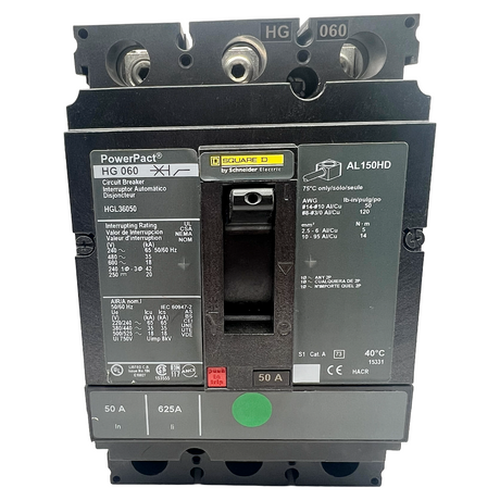 Electrical circuit breaker with multiple labels and specifications on a white background