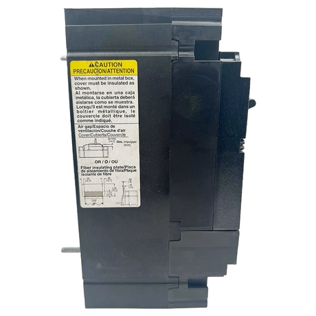 Electrical breaker with labels and warnings on a white background