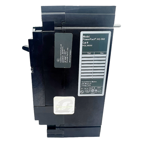 Black electrical breaker with labels on a white background