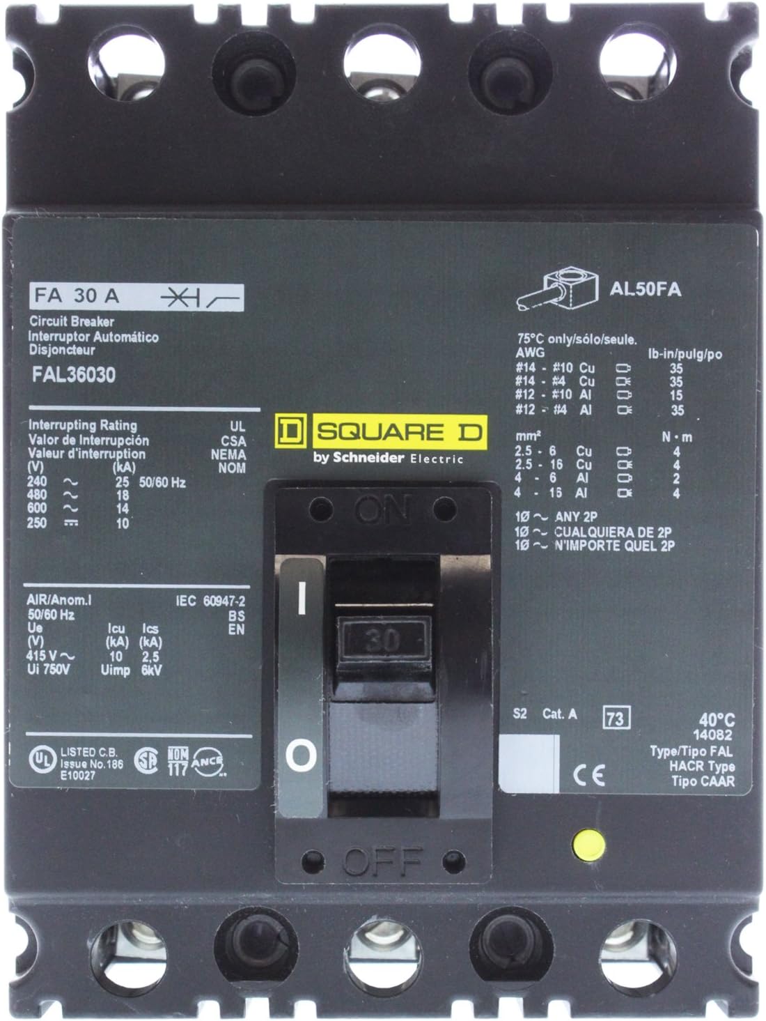 Square D FAL 3 Pole, 30 Amp, 600 Volt Circuit Breaker