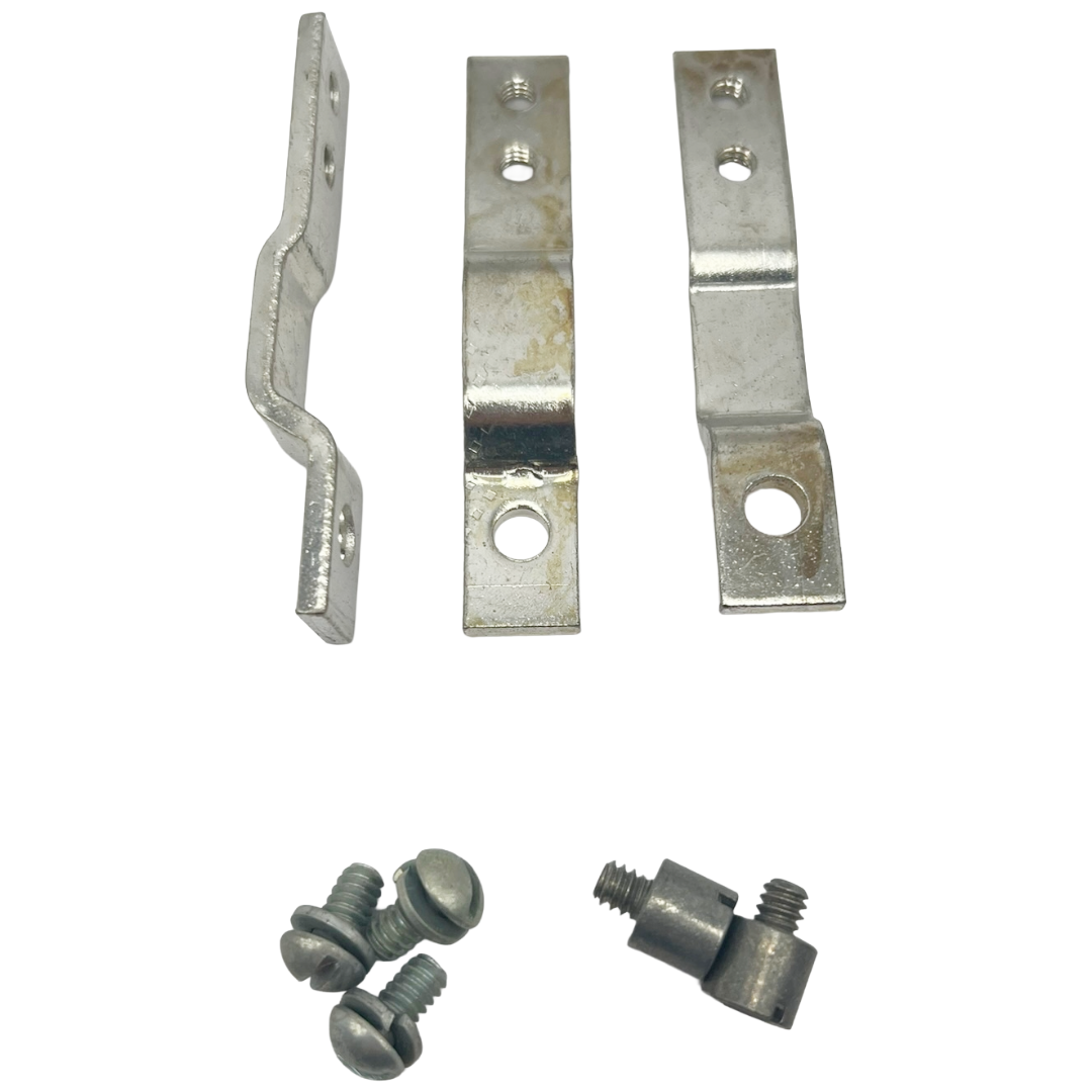 Metal brackets and screws on a white background