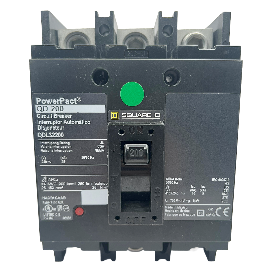 Square D PowerPact QD 200 circuit breaker on a white background
