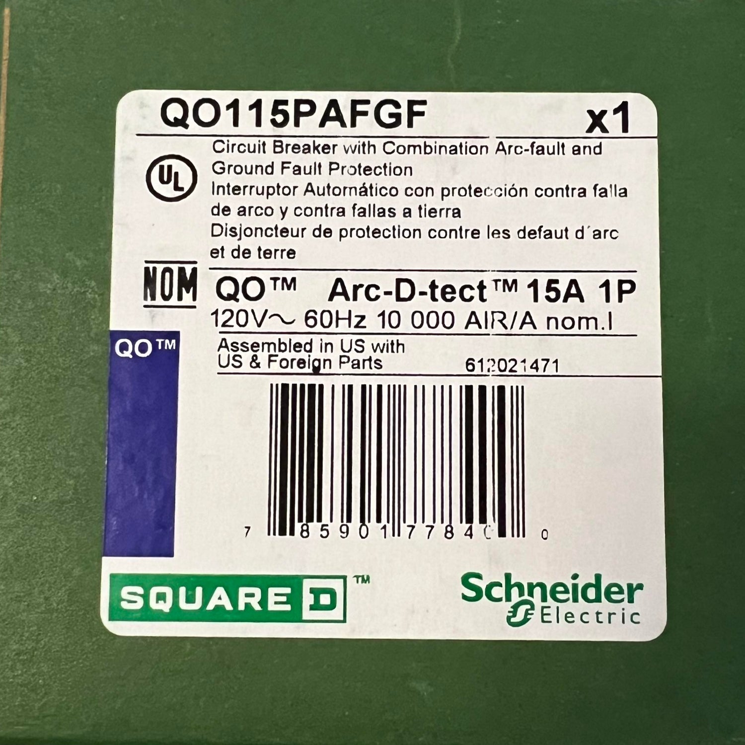 Square D QO115PAFGF - 15 Amp Combination Arc and Ground Fault Breaker