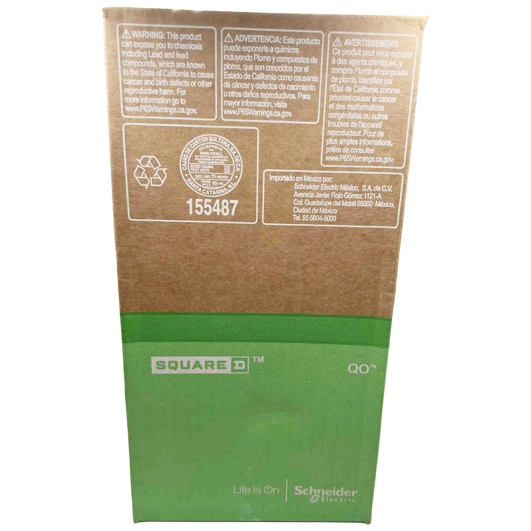 Cardboard box with green bottom section featuring Square D and Schneider Electric logos on a white background.