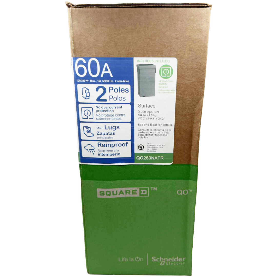 Box of Square D electrical components with branding and specifications on a white background