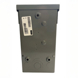 Gray metal box with a barcode label on a white background