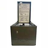 Metallic box with a label on a white background