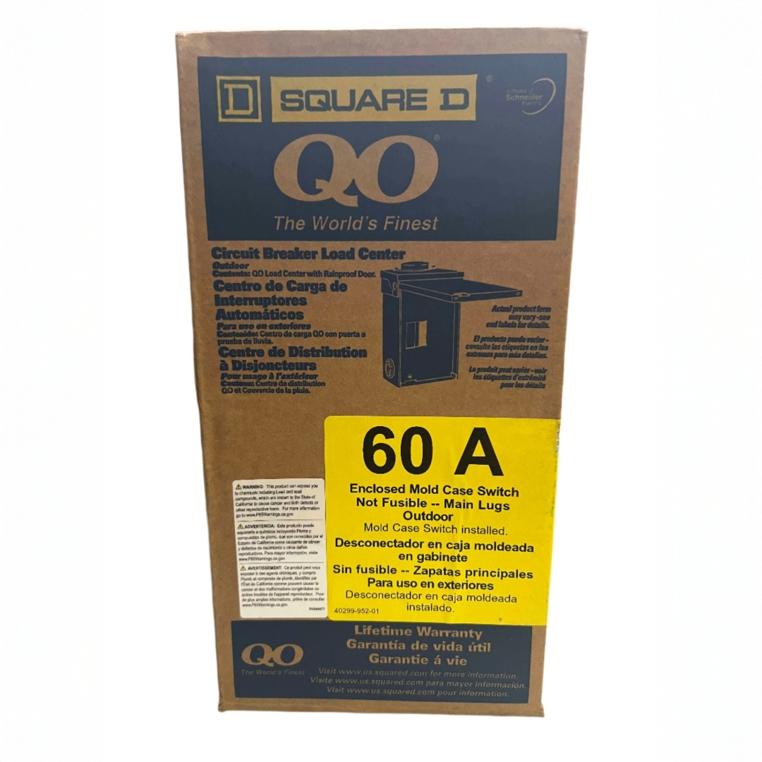 Square D QO electrical panel packaging on a white background