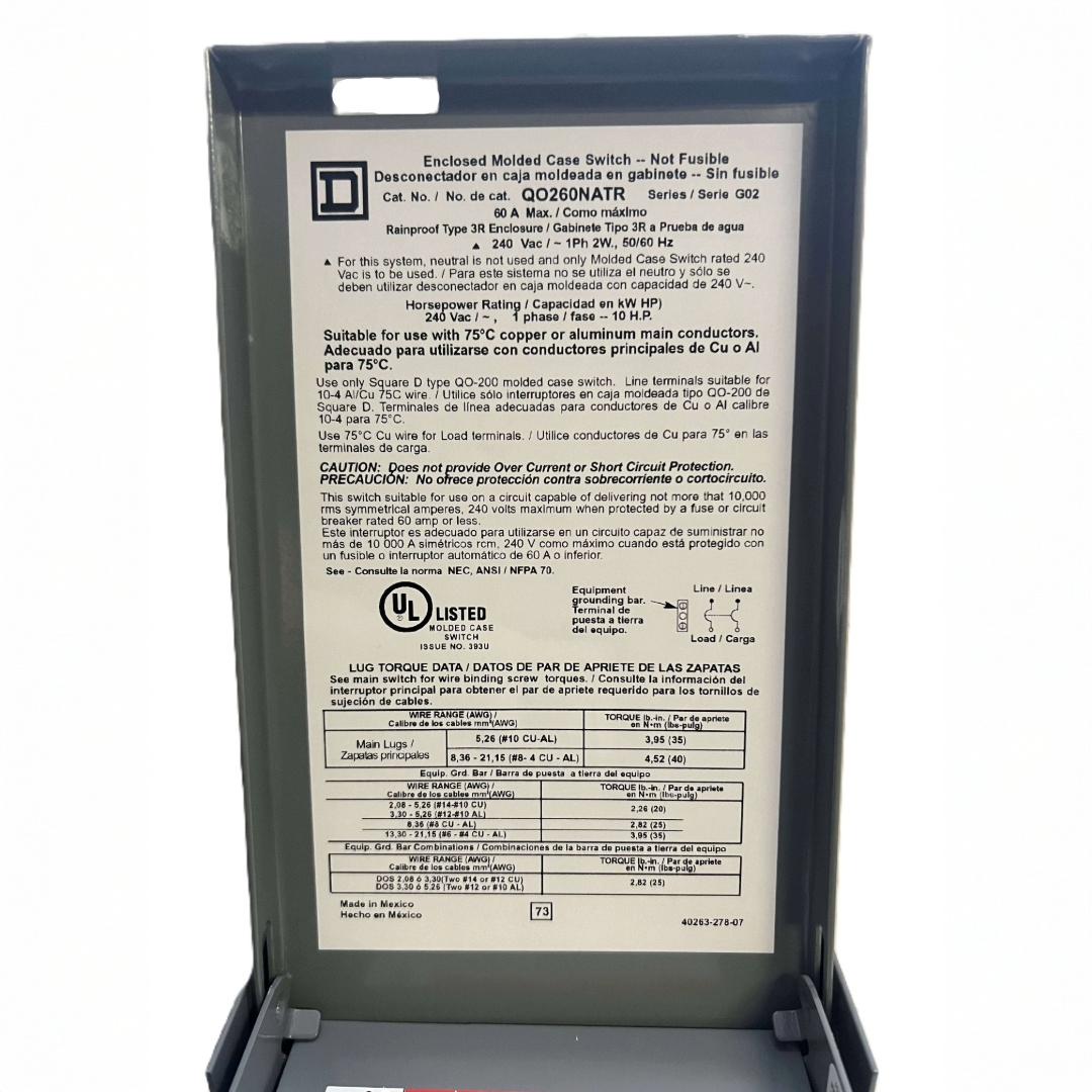 Back view of an electrical switch with text and certification logos on a white background