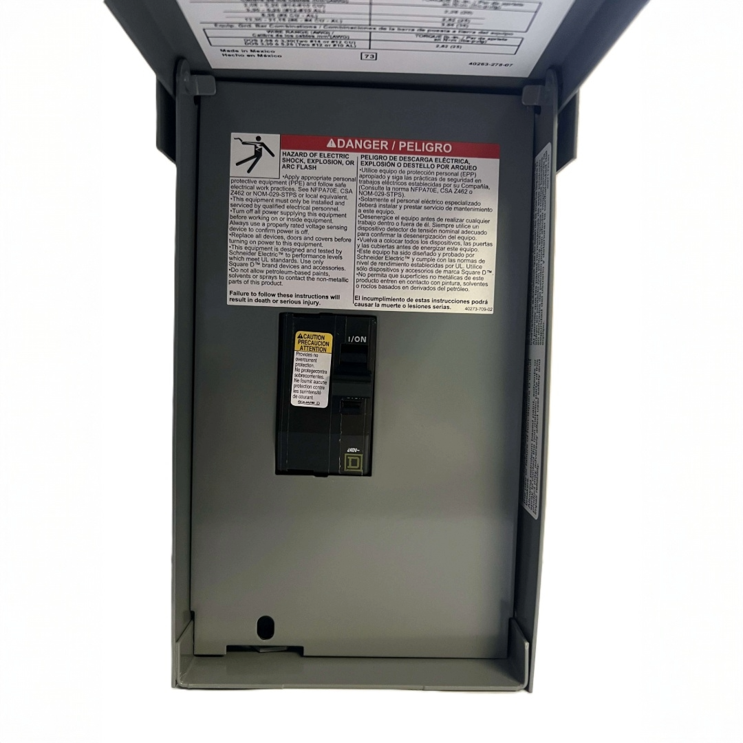 Back view of a electrical panel with warning labels on a white background