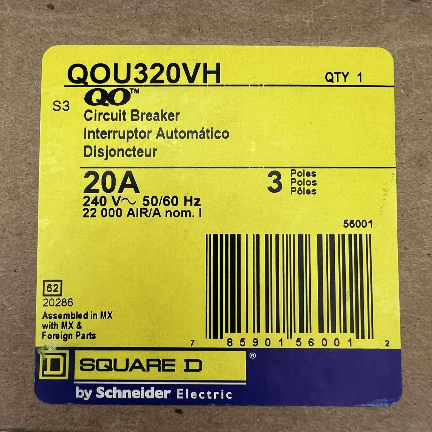 Square D QOU320VH - 3 Pole, 20 Amp Circuit Breaker