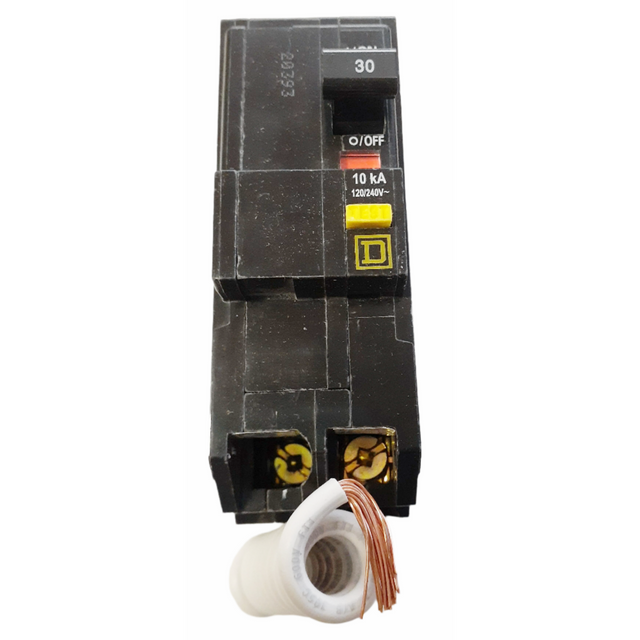 Electrical circuit breaker with wire connector on a white background