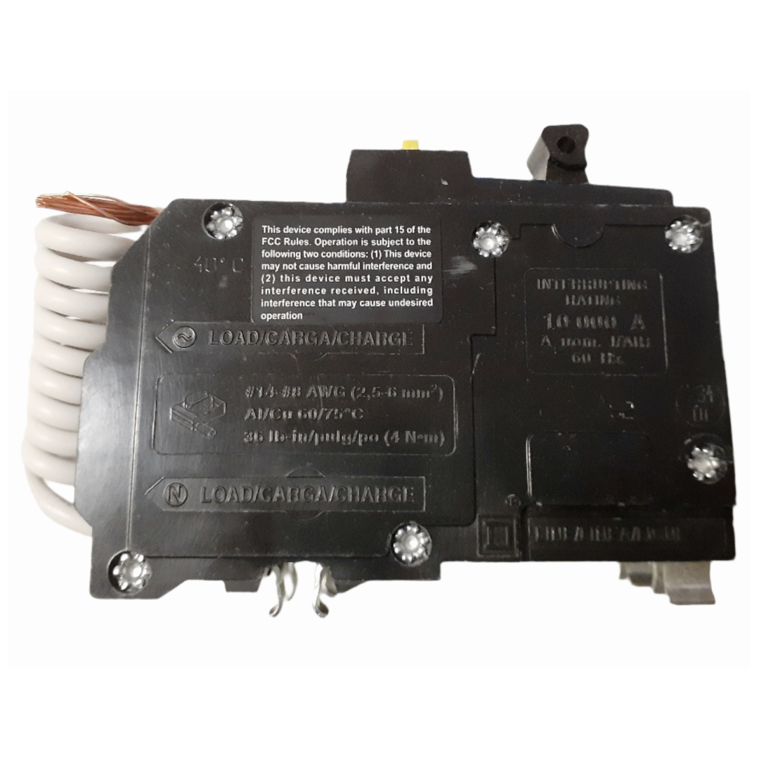 Electrical breaker with multiple labels and specifications on a white background