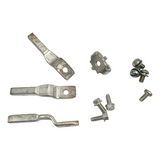 Metal brackets and screws on a white background