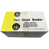 Box of General Electric plug-in circuit breaker with yellow and white design.