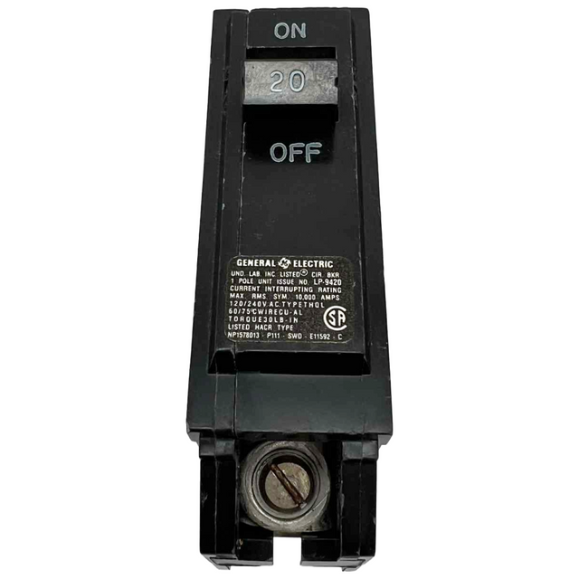 Black circuit breaker switch with 'ON' and 'OFF' labels on a white background