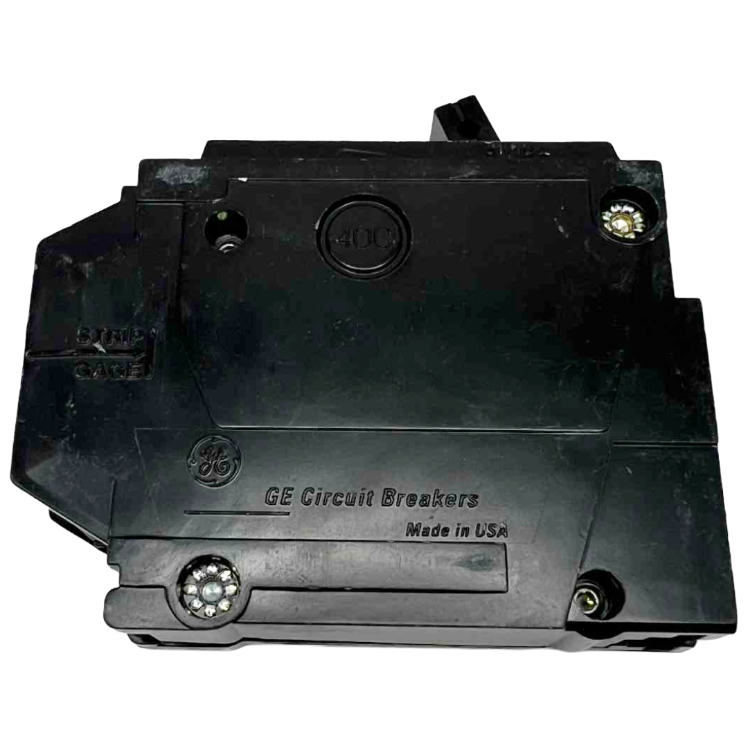 Black GE circuit breaker on a white background