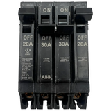 ABB circuit breaker panel with multiple amperage settings on a white background