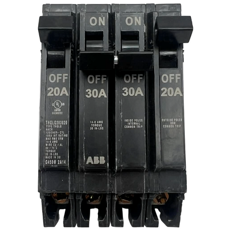 ABB circuit breaker panel with multiple amperage settings on a white background
