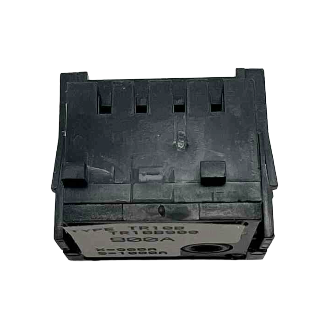 Black plastic component with text on a white background