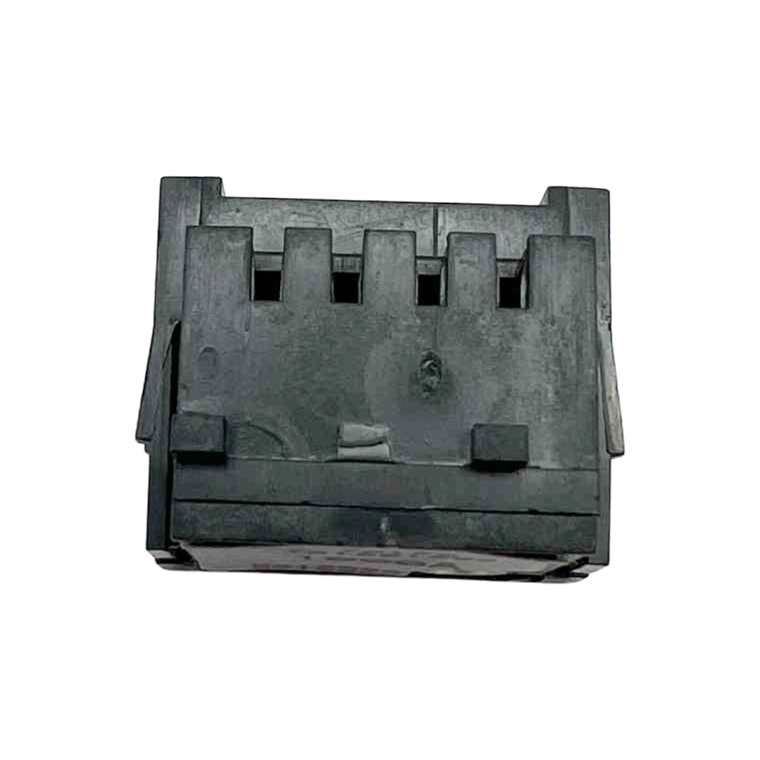 Black plastic component on a white background