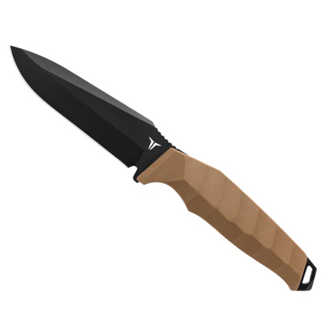 Knife with a black blade and brown handle on a white background