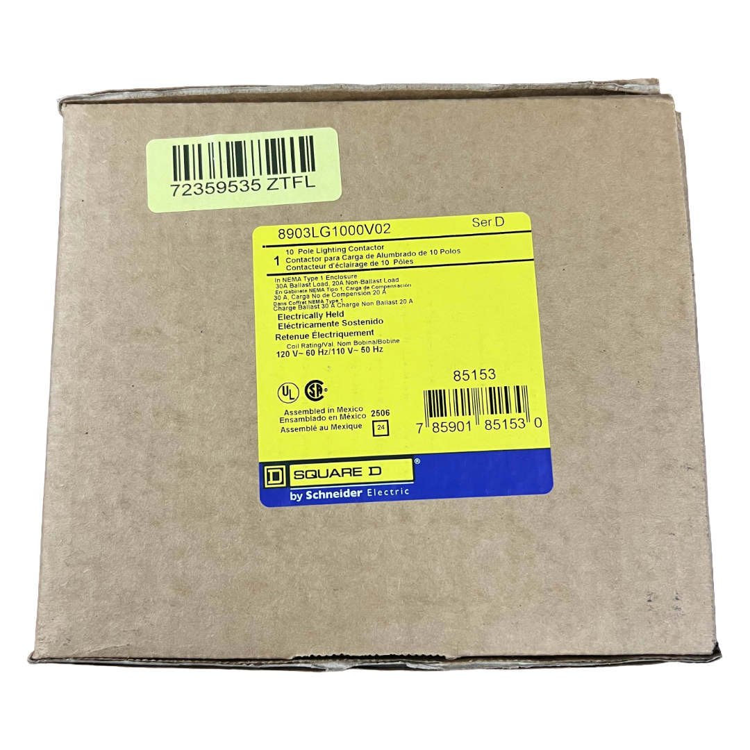 Cardboard box with a yellow label featuring Square D branding on a white background