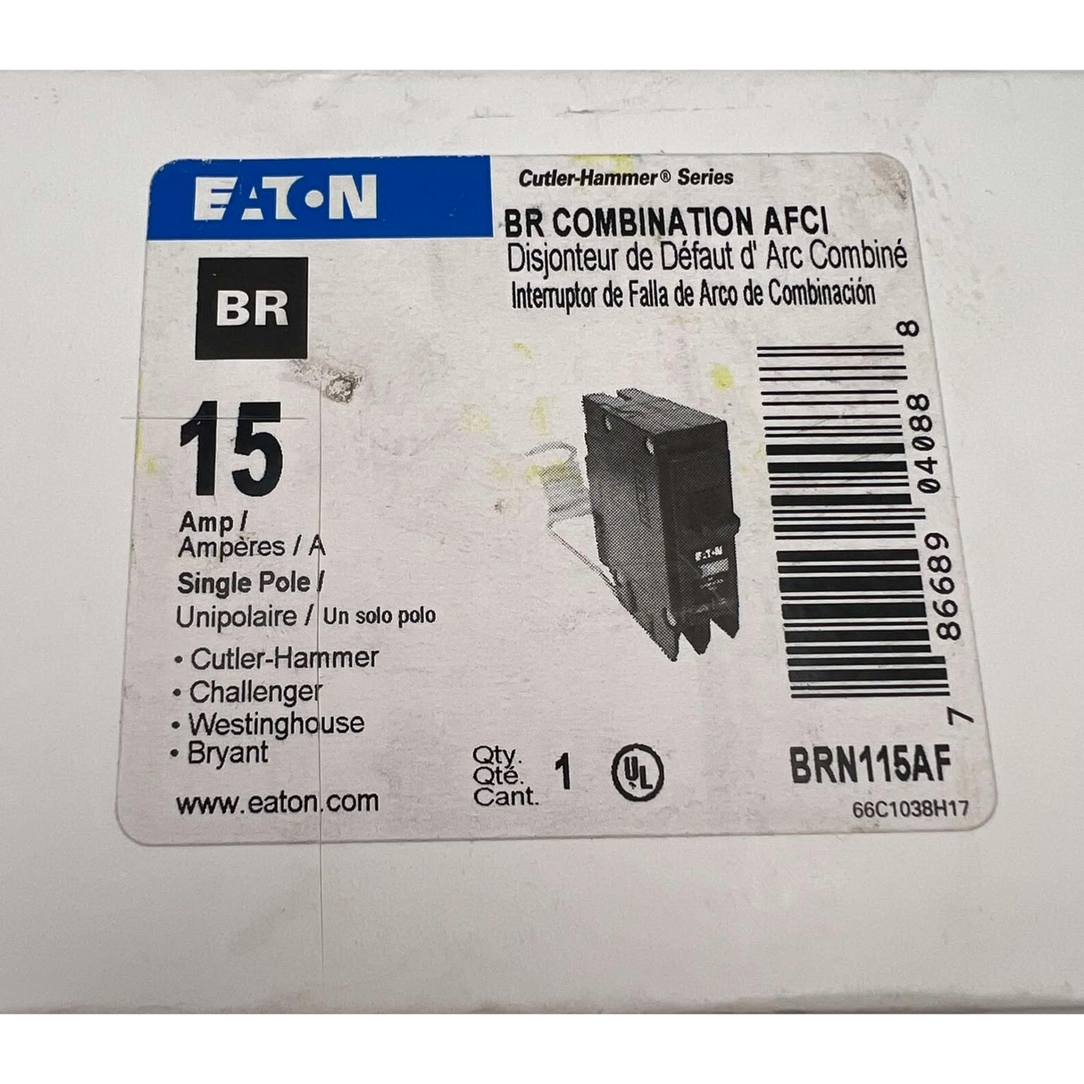 Eaton BRN115AF - 15 Amp Circuit Breaker with Arc Fault Protection