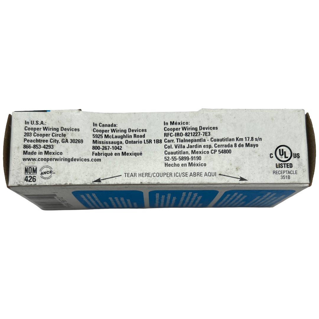 Cooper Wiring Devices packaging with contact information and UL listing on a white background