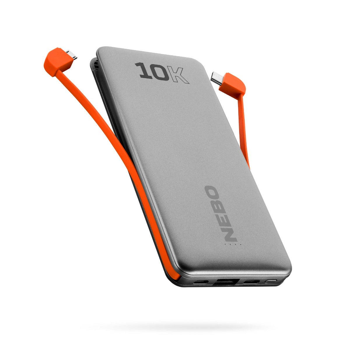 Gray power bank with '10K' and 'NEBO' branding on a white background