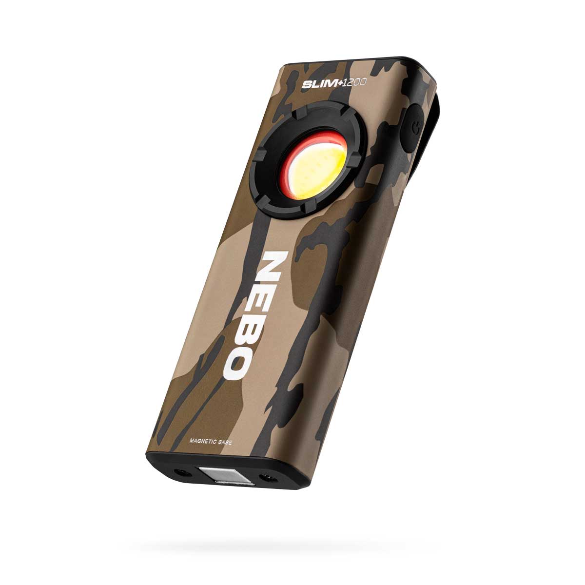 Camouflage-patterned NEBO flashlight on a white background