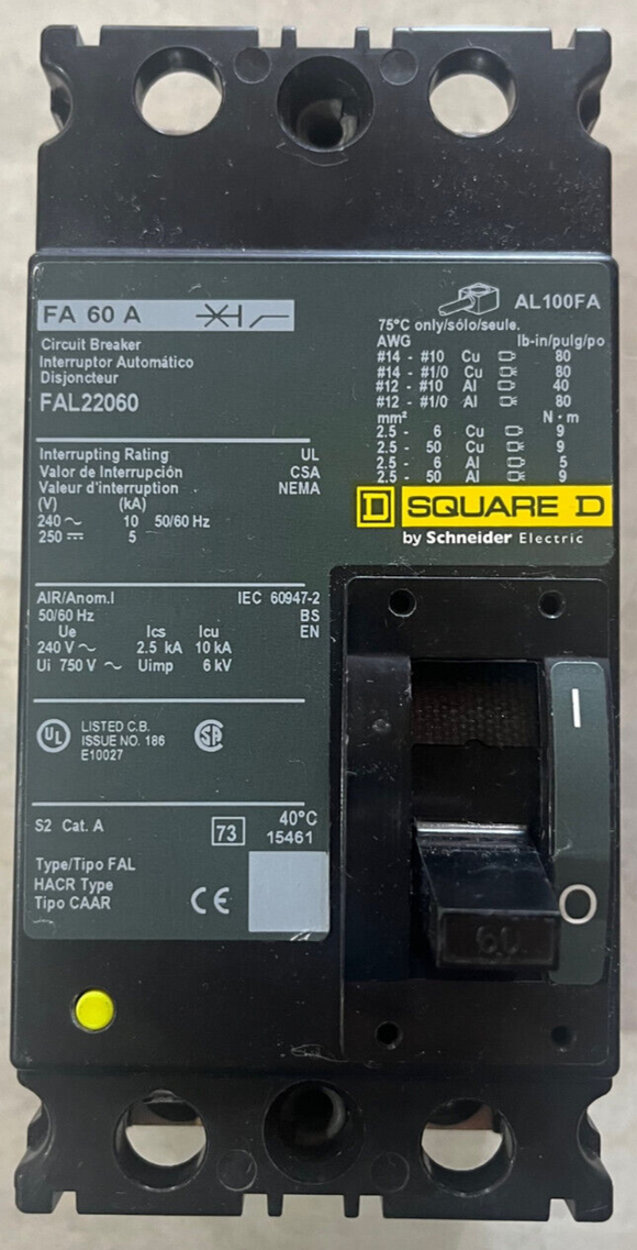 Square D FAL22060 60 Amp 240VAC Feed Through Circuit Breaker