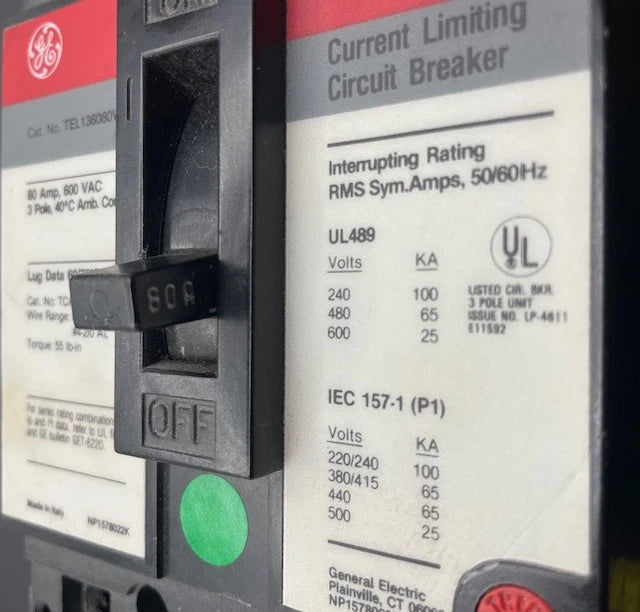 TEL136080WL, GE Circuit Breaker, 80 Amp, 3 Pole, 100KA at 240VAC