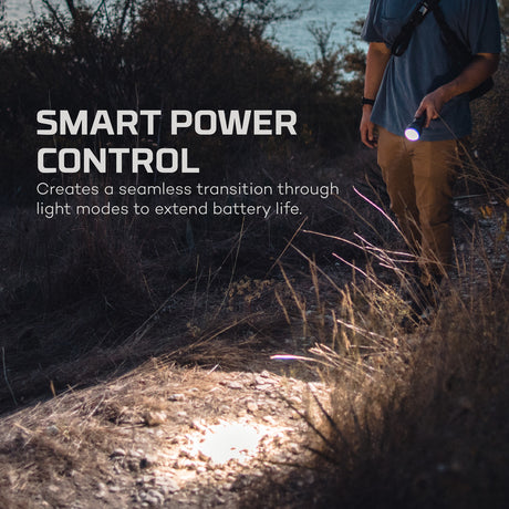 Person holding a flashlight in a natural setting with text about smart power control.