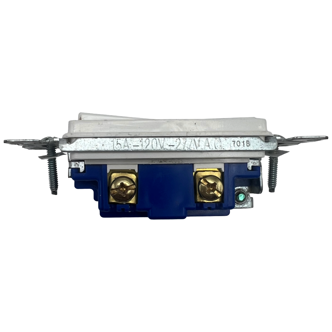 Electrical component with blue base and gold terminals on a white background