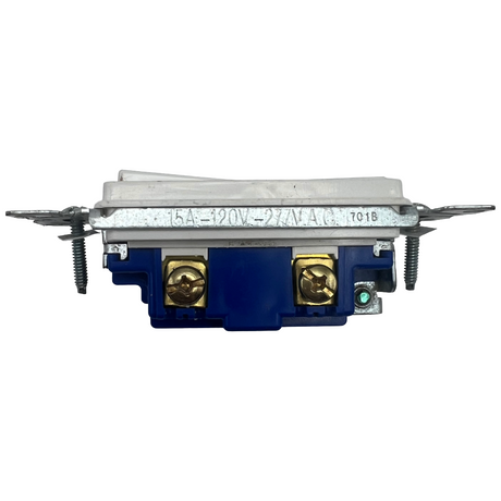 Electrical component with blue base and gold terminals on a white background