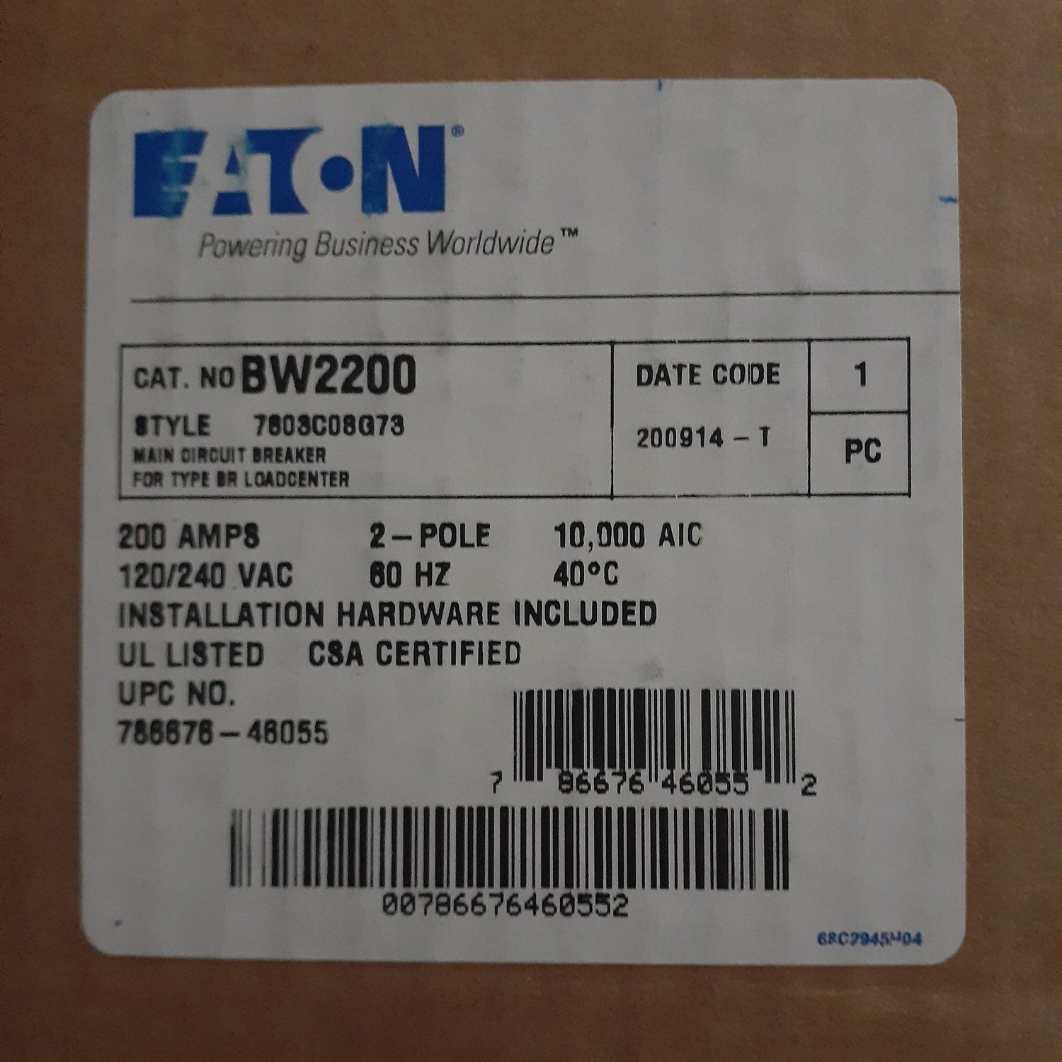 Eaton BW 2 Pole, 200 Amp Bolt-On Main Circuit Breaker