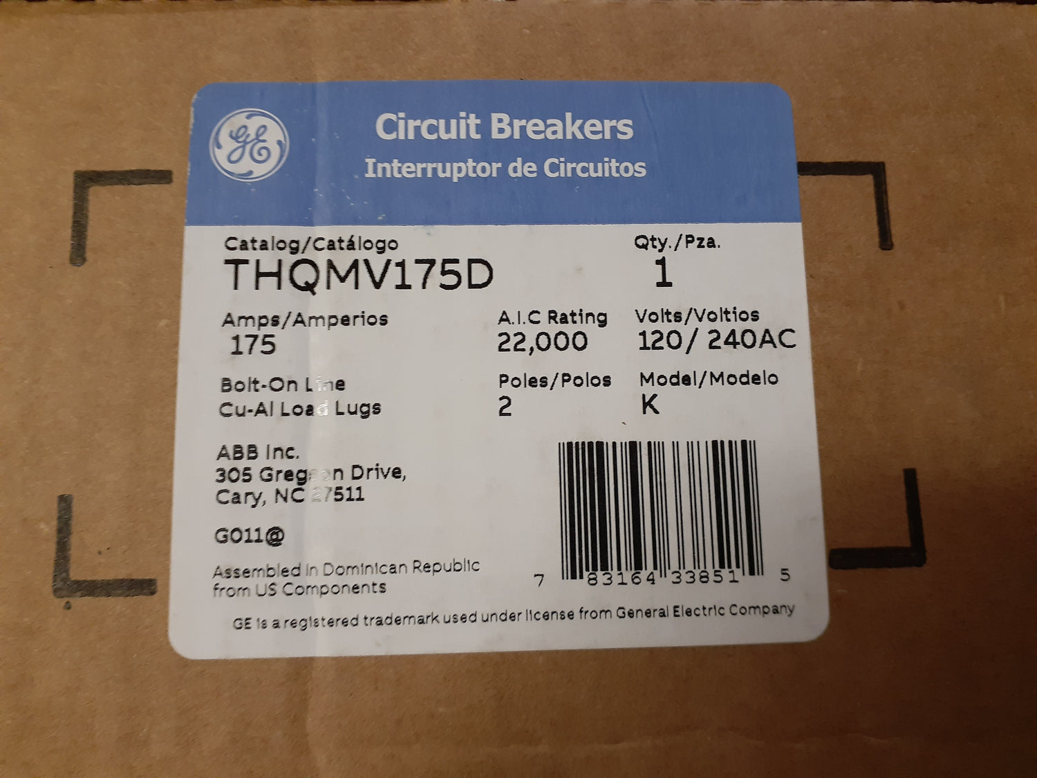 GE THQMV175D - 175 Amp Bolt-On Main Circuit Breaker