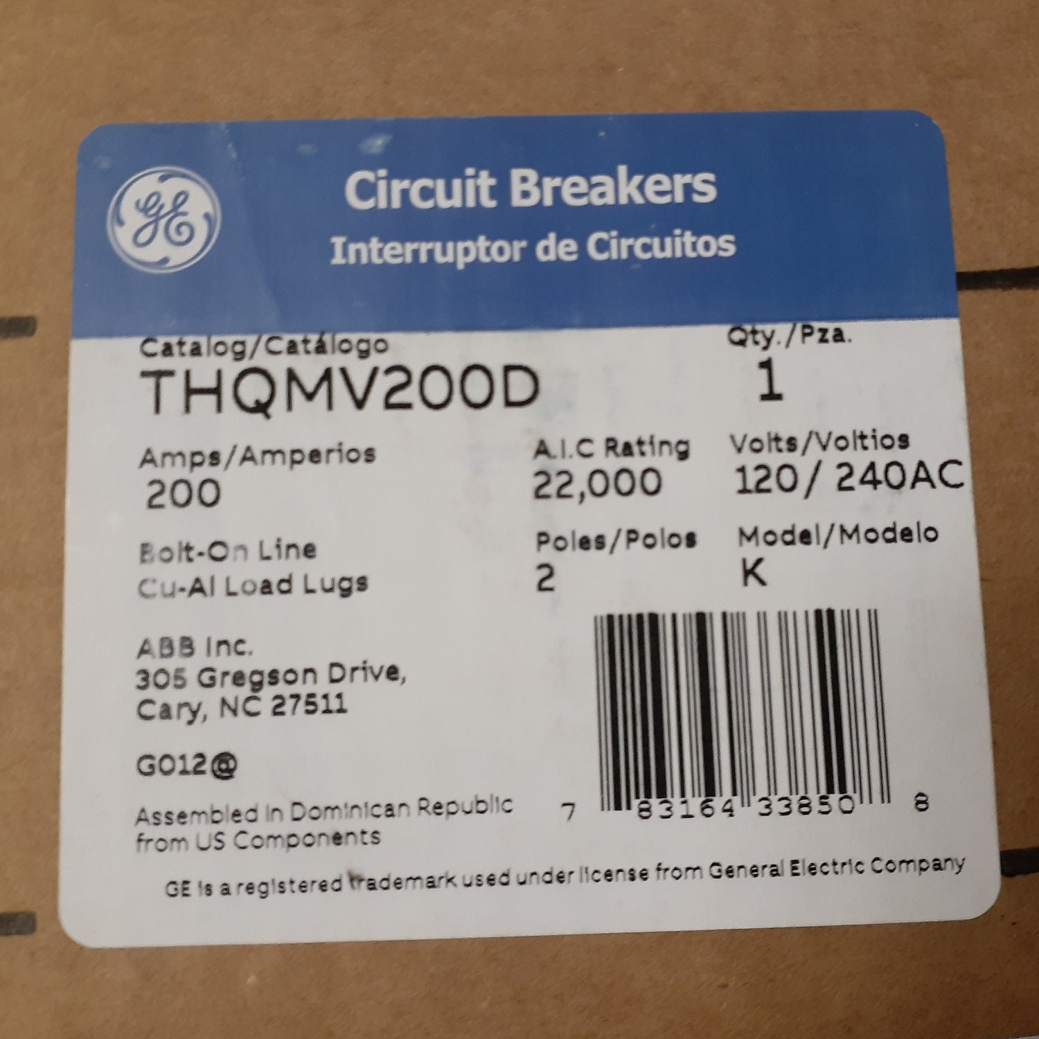 GE THQMV200D - 200 Amp Bolt-On Main Circuit Breaker